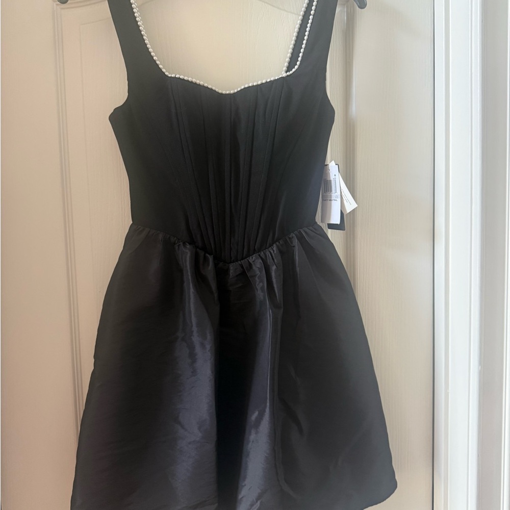 City Studio Black Mini Dress with Pearl Detail